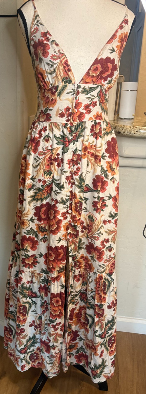Abercrombie & Fitch Floral Linen Blend Maxi Dress XS 00-2 Tiered BOHO